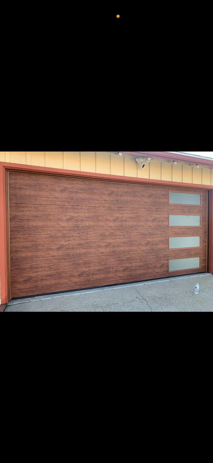 Contemporary woodgrain door with frosted glass panels